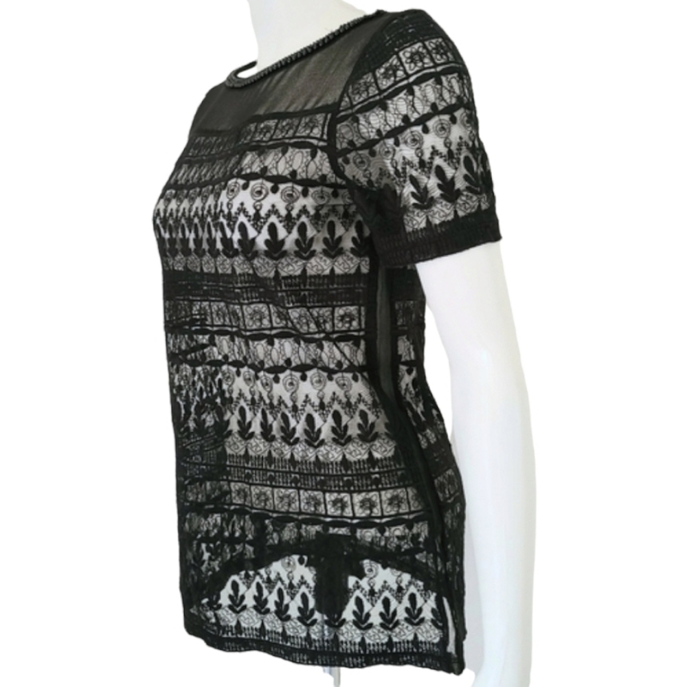 ZARA Black Sheer Lace Tee XS Beaded Neckline Mesh Nylon Punk Goth Sexy Top - Picture 8 of 14